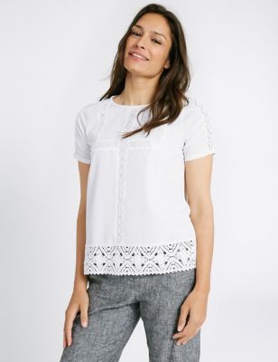 Lace Round Neck Short Sleeve T-Shirt